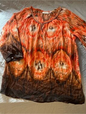 Size L/12 Chico's Orange and Brown Beaded Neckline Tunic Blouse, Summer Blouse